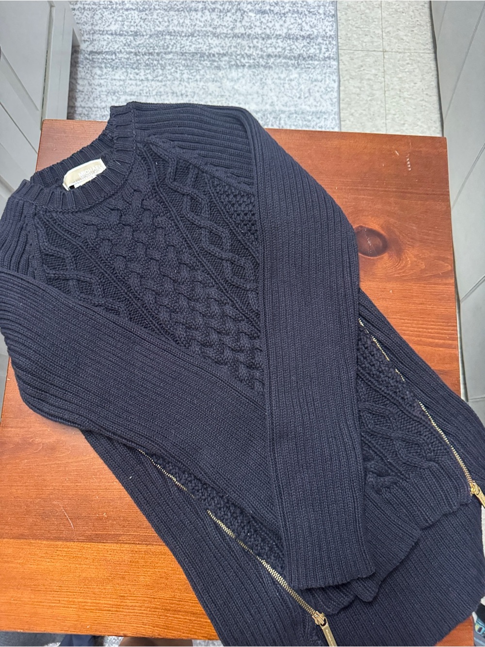 Michael Kors Black Cable-Knit Crewneck Sweater with Gold Zippers
